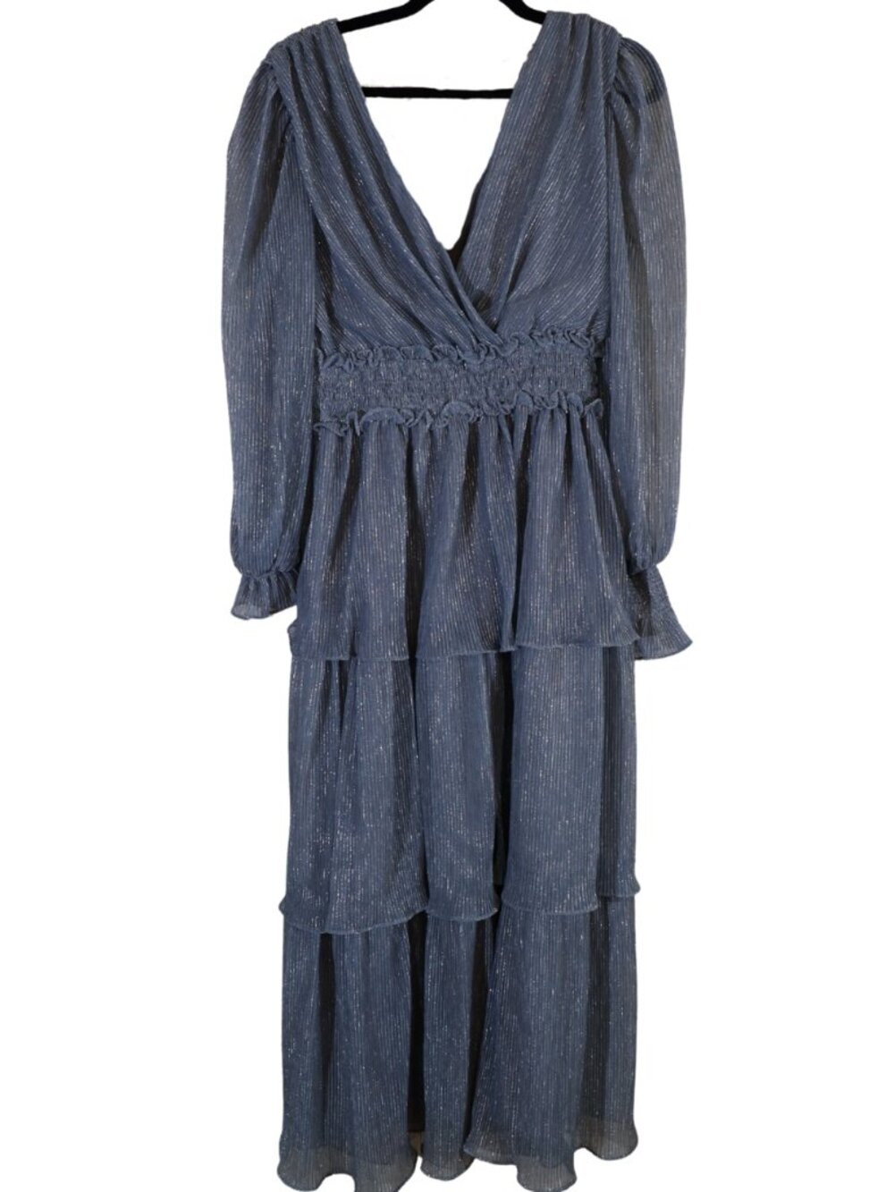 VICI x Emily Travis Meghan Silver Metallic Tiered Maxi Dress M Like New